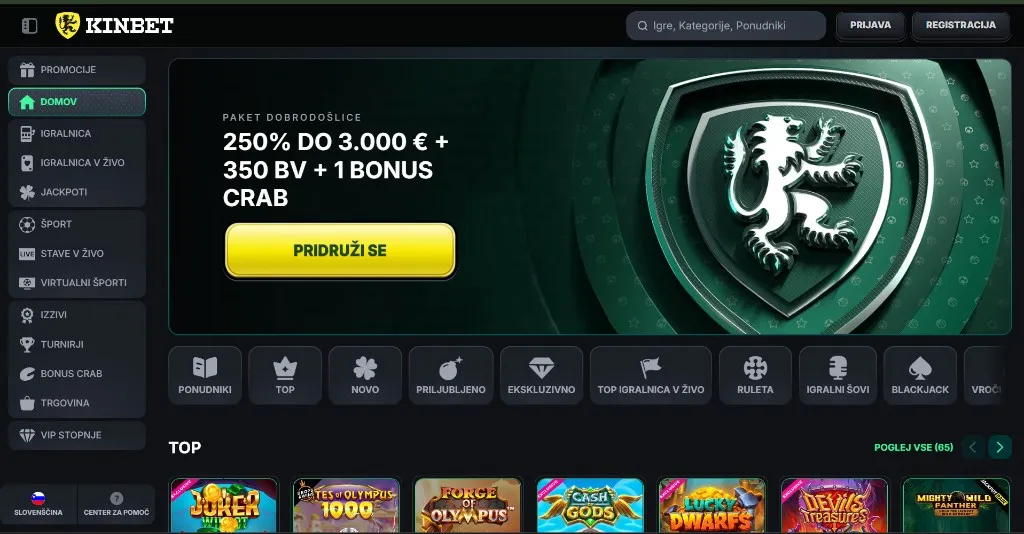 Kinbet namizni pogled začetne strani