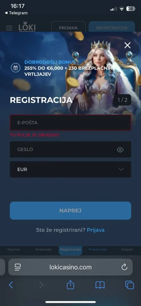 Loki Casino mobilni zaslon 4 — registracija