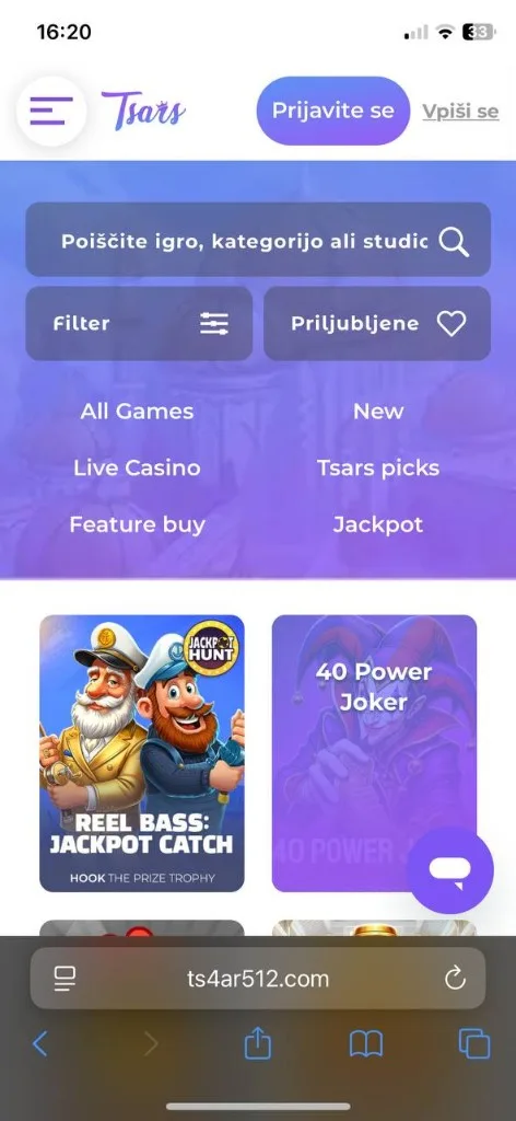 Tsars mobilni zaslon 3 — iskanje iger